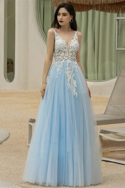 Amazing Sky Blue V-Neck Evening Party Gowns Tulle Long With Appliques