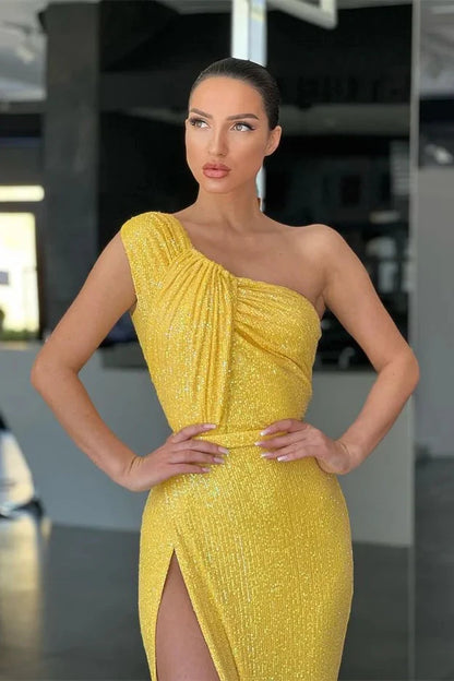 Amazing Yellow One Shoulder Sequins evening Dress Mermaid With Slit