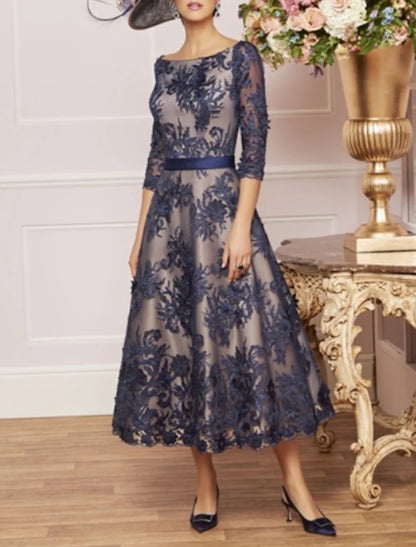 A-Line Mother of the Bride Dress Wedding Guest Elegant Vintage Plus Size Bateau Neck Tea Length Lace Half Sleeve with Lace Sash / Ribbon