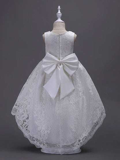 Asymmetrical Lace Dresses with V Wire and Bow Embroidery for Flower Girls