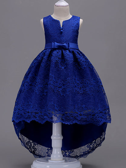 Asymmetrical Lace Dresses with V Wire and Bow Embroidery for Flower Girls