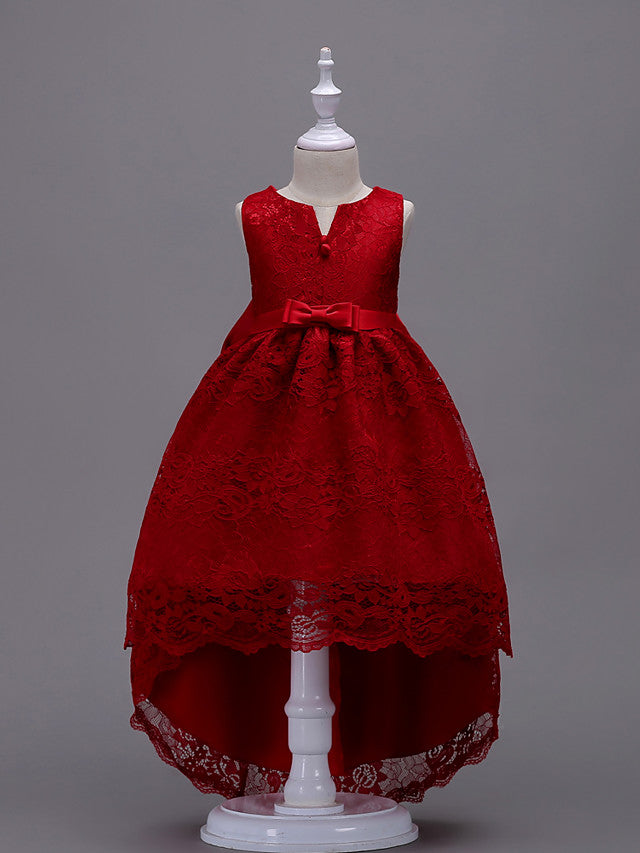 Asymmetrical Lace Dresses with V Wire and Bow Embroidery for Flower Girls