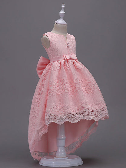 Asymmetrical Lace Dresses with V Wire and Bow Embroidery for Flower Girls