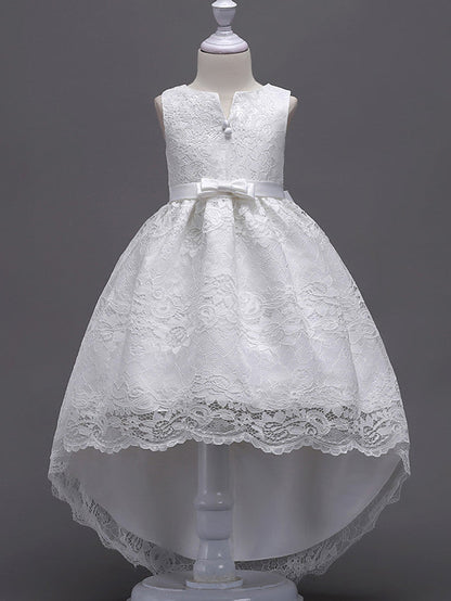 Asymmetrical Lace Dresses with V Wire and Bow Embroidery for Flower Girls