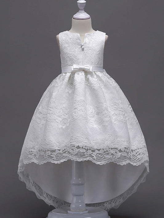 Asymmetrical Lace Dresses with V Wire and Bow Embroidery for Flower Girls