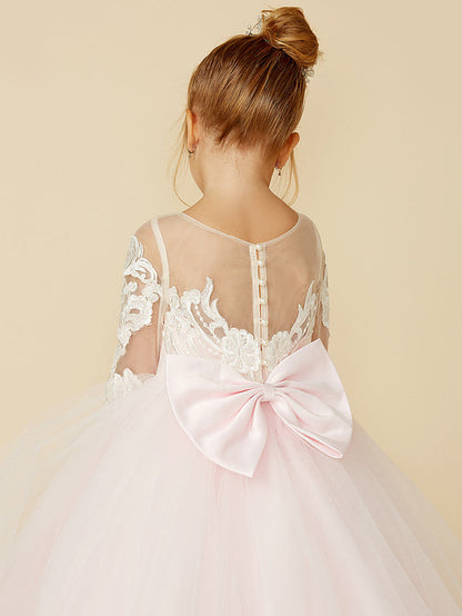 Ball Gown Long Sleeve Illusion Neck Flower Girl Dress with Lace Tulle Bows and Buttons
