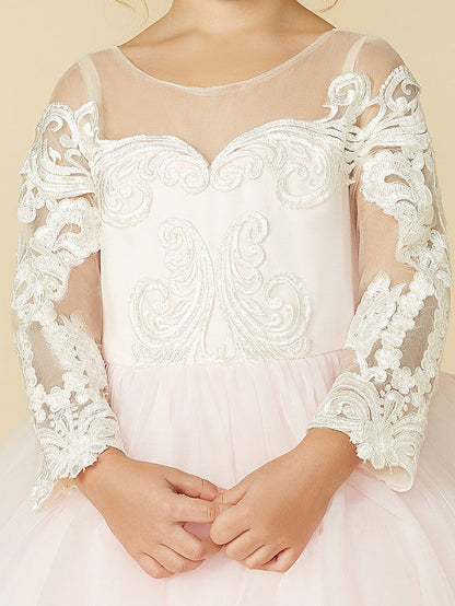 Ball Gown Long Sleeve Illusion Neck Flower Girl Dress with Lace Tulle Bows and Buttons