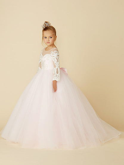 Ball Gown Long Sleeve Illusion Neck Flower Girl Dress with Lace Tulle Bows and Buttons