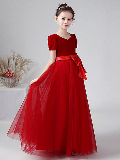 Ball Gown Short Sleeve Bateau Neck Flower Girl Dress with Tulle and Velvet Bow