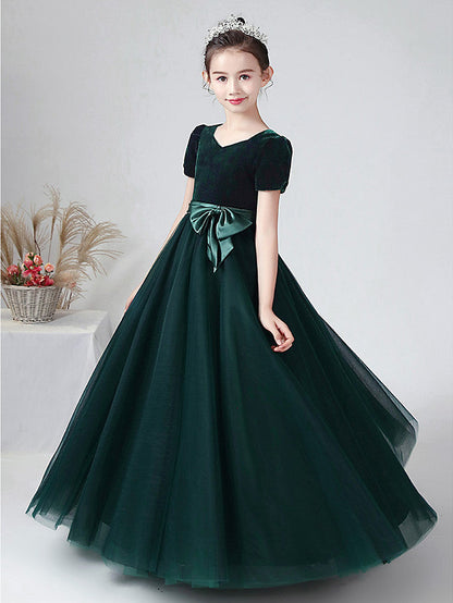 Ball Gown Short Sleeve Bateau Neck Flower Girl Dress with Tulle and Velvet Bow