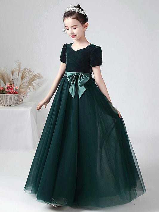 Ball Gown Short Sleeve Bateau Neck Flower Girl Dress with Tulle and Velvet Bow