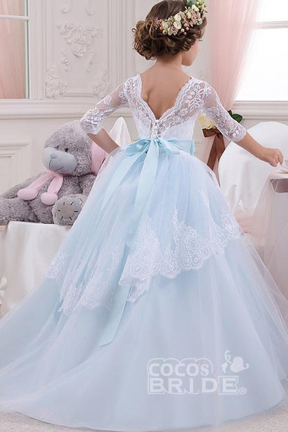 Beautiful 3/4 Sleeves Ball Gown for Flower Girls with Lace Scoop Neck