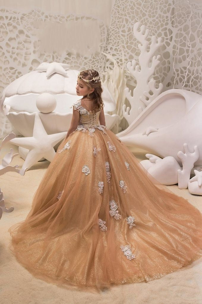 Beautiful A-line Bateau Train Flower Girl Dress with Tulle Lace Sequins and Appliques