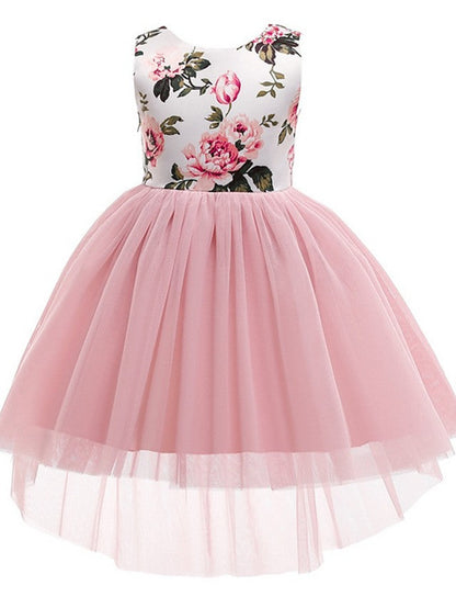 Beautiful Ball Gown Asymmetrical Sleeveless Jewel Neck Flower Girl Dresses with Tulle Bow and Pattern Print