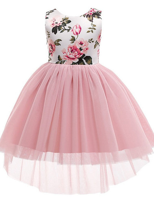 Beautiful Ball Gown Asymmetrical Sleeveless Jewel Neck Flower Girl Dresses with Tulle Bow and Pattern Print