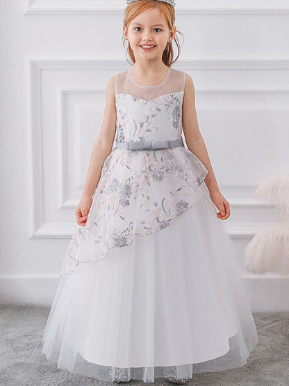 Beautiful Ball Gown Sleeveless Illusion Neck Flower Girl Dress with Tulle Sash Ribbon Bow and Embroidery