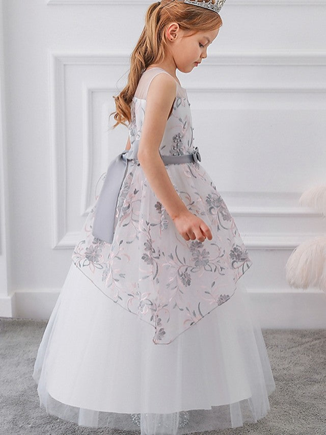 Beautiful Ball Gown Sleeveless Illusion Neck Flower Girl Dress with Tulle Sash Ribbon Bow and Embroidery
