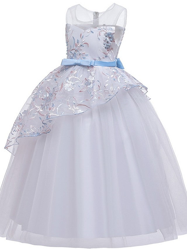 Beautiful Ball Gown Sleeveless Illusion Neck Flower Girl Dress with Tulle Sash Ribbon Bow and Embroidery