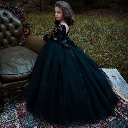 Beautiful Black Long Sleeve Flower Girl Dress with Tulle Appliques Lace & Pearls