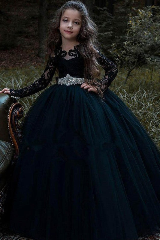 Beautiful Black Long Sleeve Flower Girl Dress with Tulle Appliques Lace & Pearls