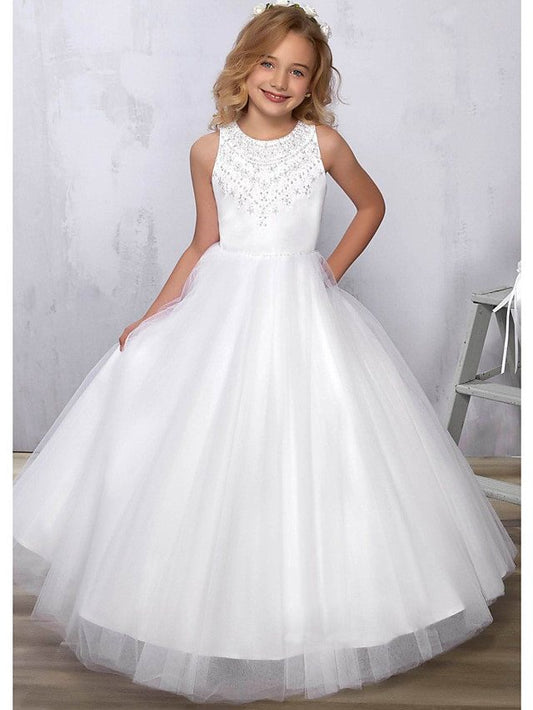 Beautiful Jewel A-Line Floor Length Flower Girl Dress Satin Tulle With Beadings