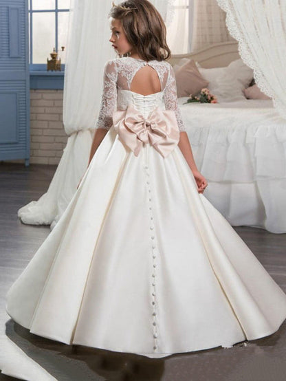 Beautiful Jewel Half Sleeve A-Line Floor Length Flower Girl Dresses Satin with Buttons