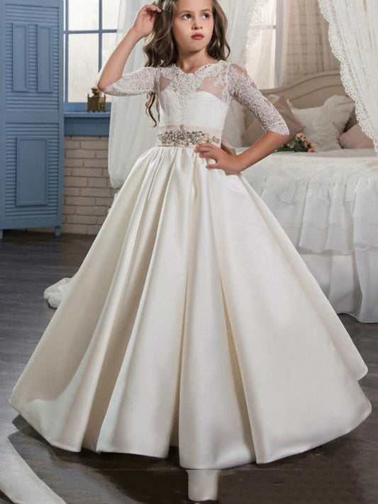 Beautiful Jewel Half Sleeve A-Line Floor Length Flower Girl Dresses Satin with Buttons