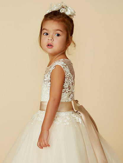 Beautiful Lace Tulle Ball Gown Dress with Beading and Buttons for Flower Girls
