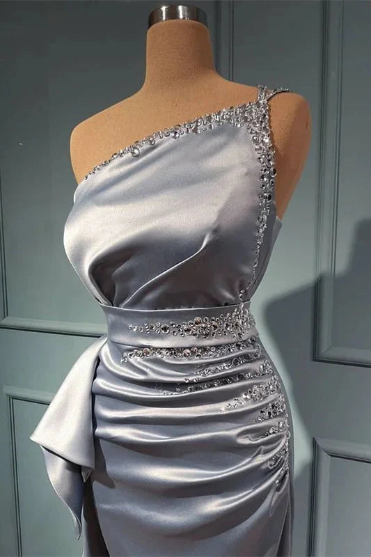 Beautiful One Shoulder Silver Mermaid Evening Dress Long With Beads
