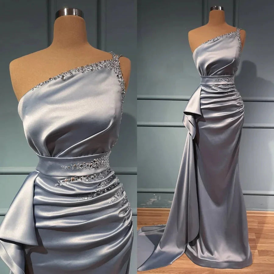 Beautiful One Shoulder Silver Mermaid Evening Dress Long With Beads