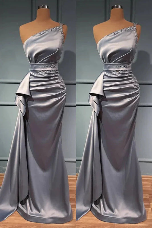 Beautiful One Shoulder Silver Mermaid Evening Dress Long With Beads