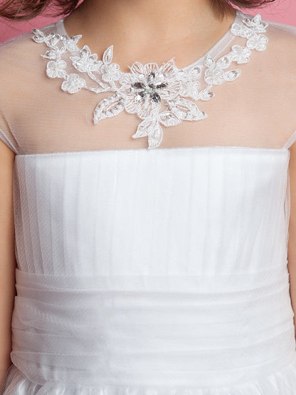 Beautiful Princess A-Line Floor Length Flower Girl Dress With Ruched Beading & Appliques for Weddings & First Communions