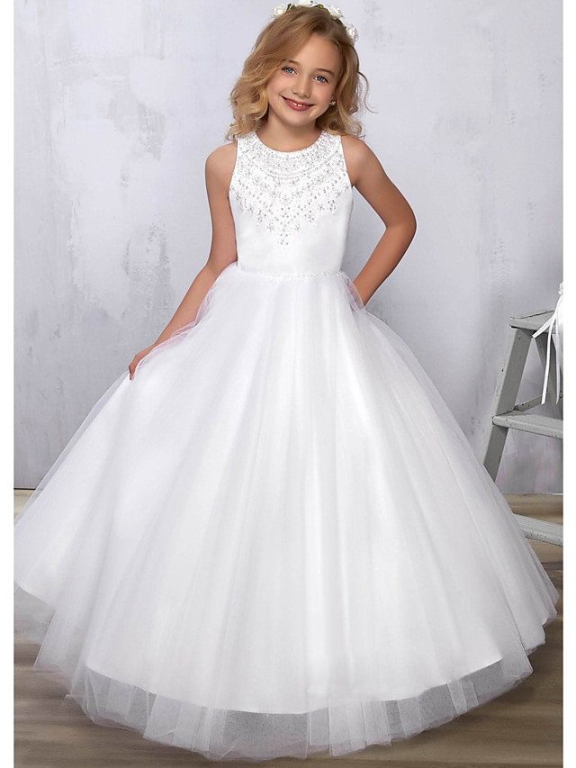 Beautiful Satin Tulle A-Line Flower Girl Dress with Beadings and Sleeveless Jewel