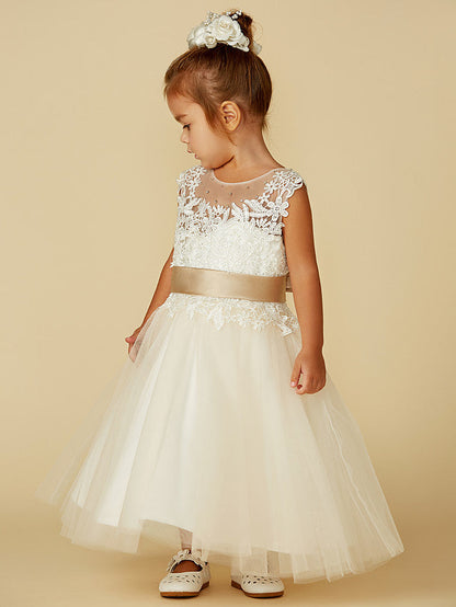 Beautiful Sleeveless Jewel Neck Ball Gown with Belt Buttons & Beading for Flower Girl Dress Lace Tulle