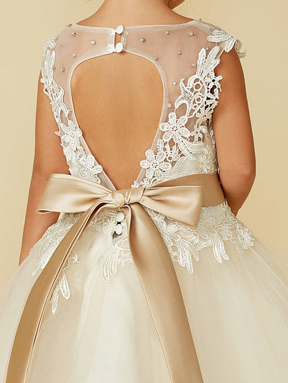 Beautiful Sleeveless Lace Tulle Ball Gown Flower Girl Dress With Jewel Neck, Belt, Buttons & Beading