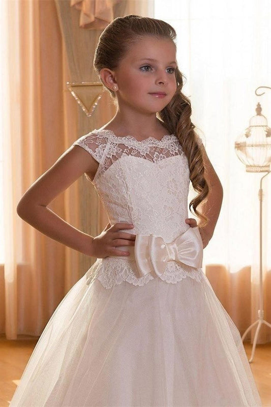 Beige Lace Flower Girls Dress with Short Sleeves and Scoop Neck