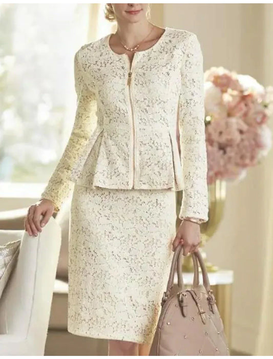 Two Piece Sheath / Column Mother of the Bride Dress Wedding Guest Elegant Party Scoop Neck Knee Length Lace Long Sleeve Wrap Included with Solid Color