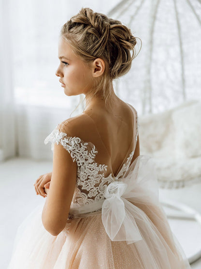 Boho Ball Gown Sleeveless Tulle Open Back Flower Girl Dresses with Bow