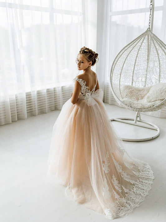 Boho Ball Gown Sleeveless Tulle Open Back Flower Girl Dresses with Bow