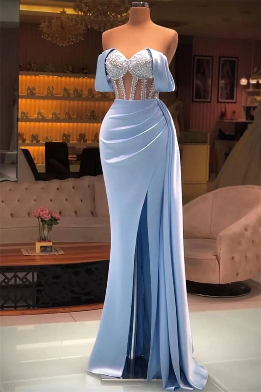 Budget Baby Blue Off-the-Shoulder Evening Gowns Split Long With Beads