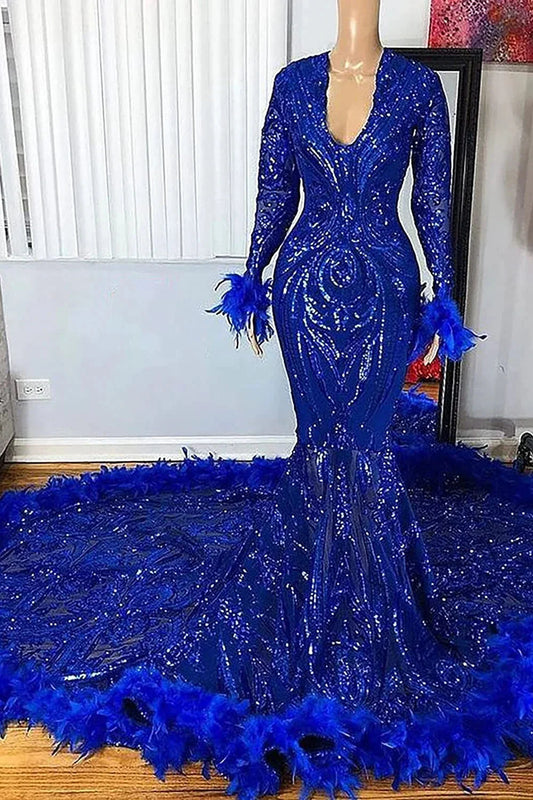 Budget Royal Blue Long Sleeves Evening Gowns Mermaid Sequins With Feather
