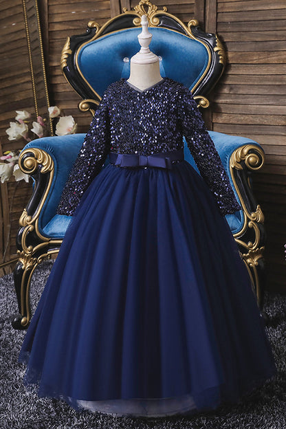 Burgundy Jewel Long Sleeve Flower Girl Dress with Sequins Appliques