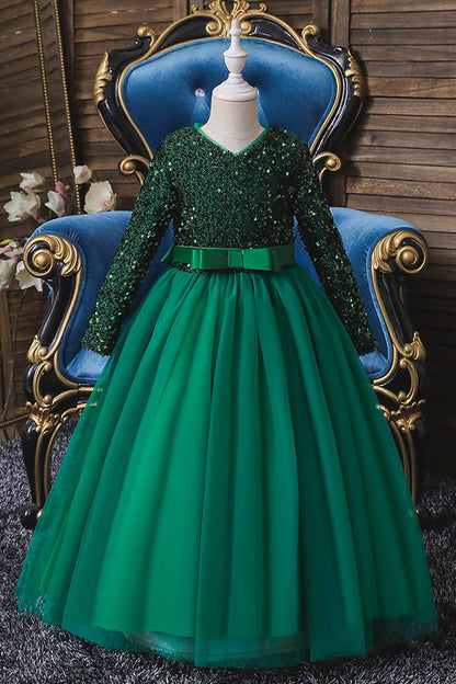 Burgundy Jewel Long Sleeve Flower Girl Dress with Sequins Appliques