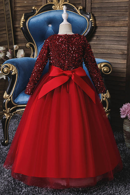 Burgundy Jewel Long Sleeve Flower Girl Dress with Sequins Appliques