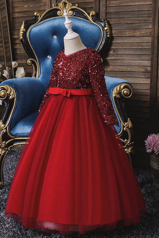 Burgundy Jewel Long Sleeve Flower Girl Dress with Sequins Appliques