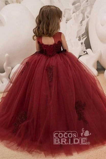 Burgundy Sleeveless Ball Gown Flower Girl Dress with Scoop Neck