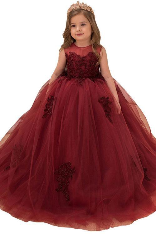 Burgundy Sleeveless Ball Gown Flower Girl Dress with Scoop Neck