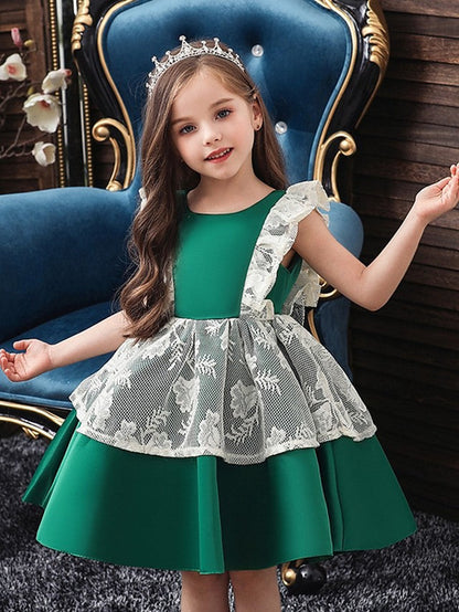Cap Sleeve Jewel Neck Ball Gown Dress with Bow and Color Block for Flower Girls