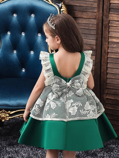 Cap Sleeve Jewel Neck Ball Gown Dress with Bow and Color Block for Flower Girls