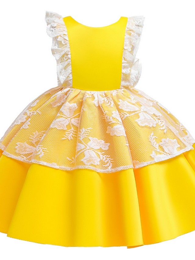 Cap Sleeve Jewel Neck Ball Gown Dress with Bow and Color Block for Flower Girls